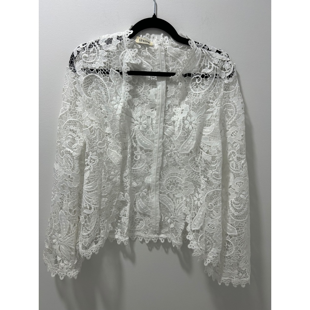 Ursime White Feminine Floral Lace High Neck Bell Sleeve Top open Blouse White M